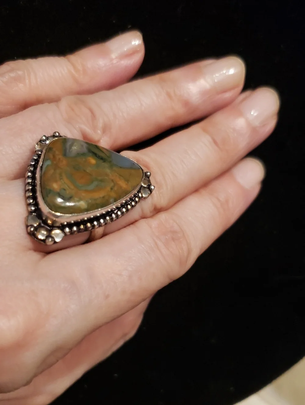 NEW Rainforest Jasper Natural Gemstone, 925 Stamped Ring, Sz 7.5 Abstract Art!